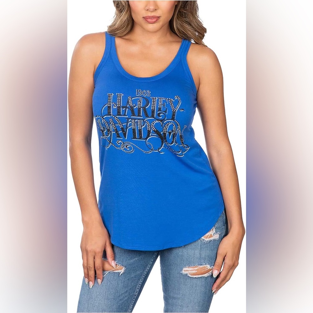 Harley-Davidson Women's Blue Rhinestone Tank Top. Size S